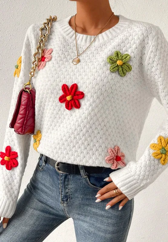 Crochet Flower Round Neck Long Sleeve Sweater, image 9