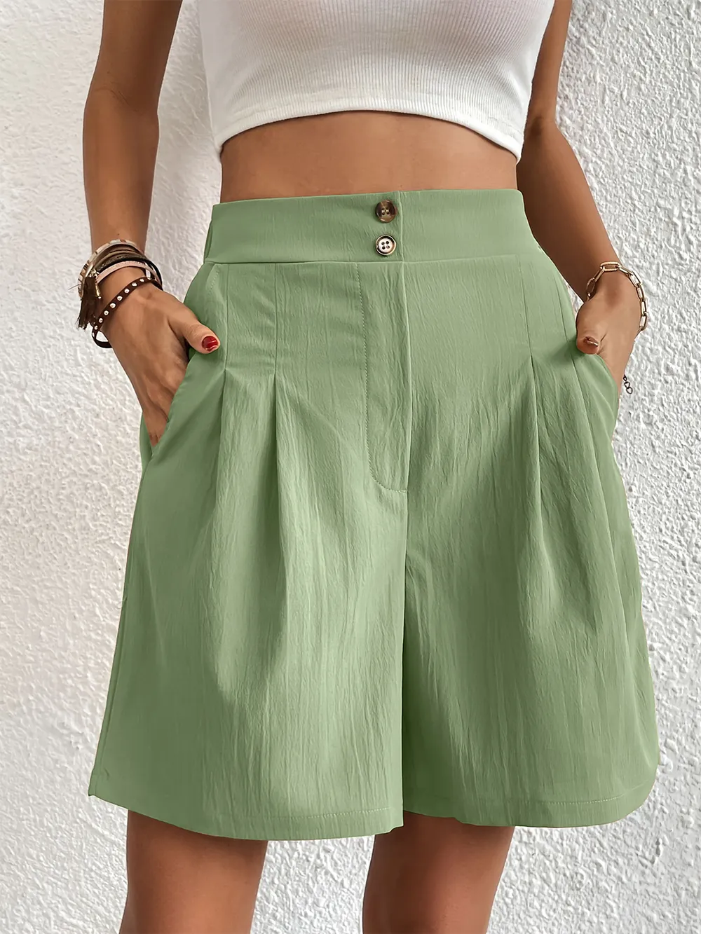 Pocketed Half Elastic Waist Shorts, image 6