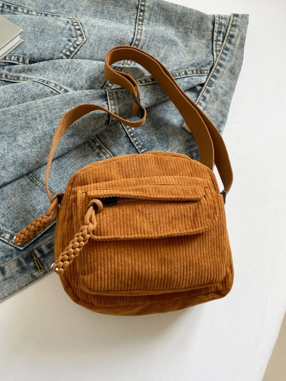 Corduroy Crossbody Bag with Adjustable Strap, image 4