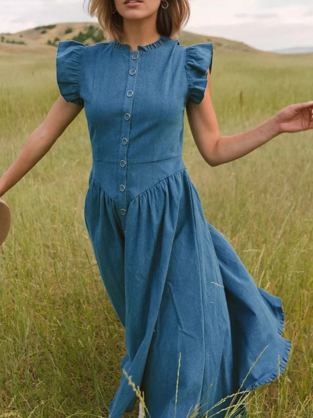Ruffled Cap Sleeve Denim Dress, image 2