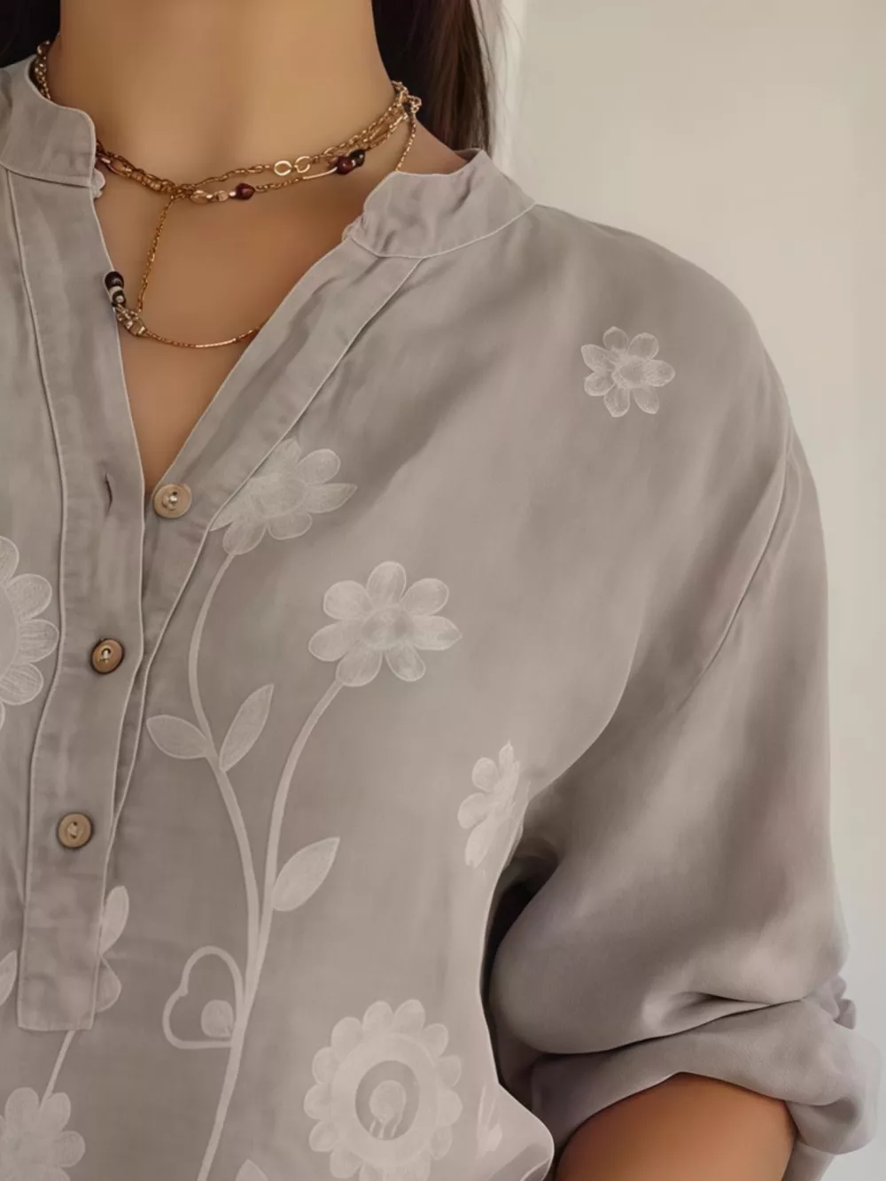 Full Size Floral Embroidered Button Detail Blouse Plus Size, image 4