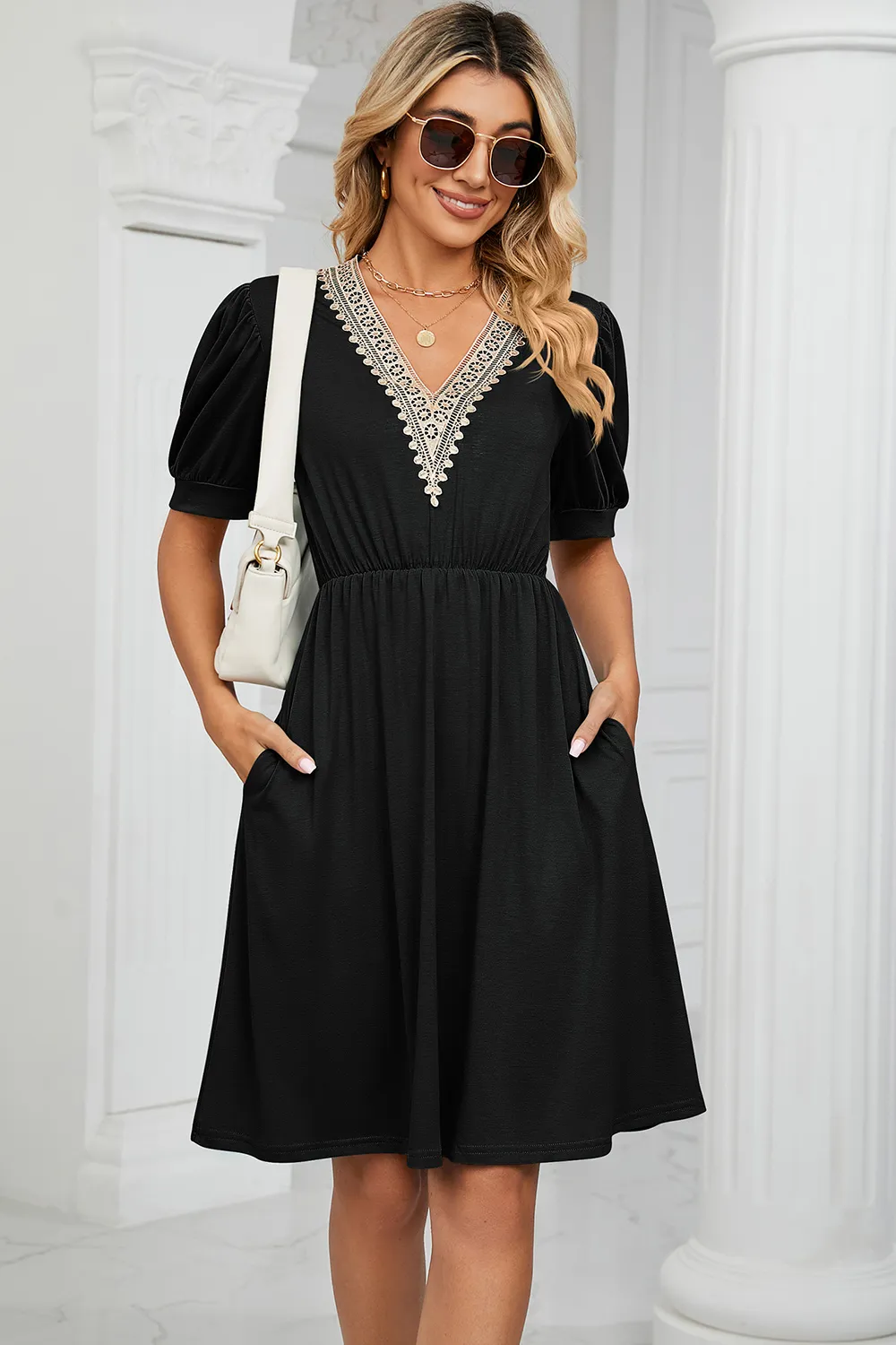 V-Neck Puff Sleeve Dress, image 18