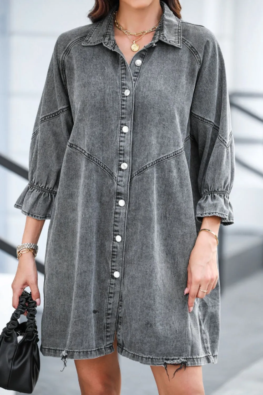 Distressed Collared Neck Flounce Sleeve Denim Dress, image 14