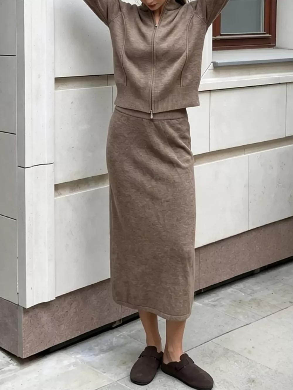 Zip-Up Mock Neck Cardigan and Matching Midi Skirt Sweater Set, image 8