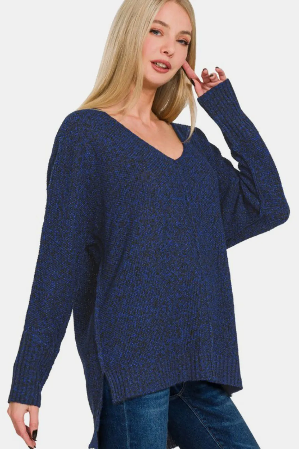 High-Low Center Seam V-Neck Sweater, image 2