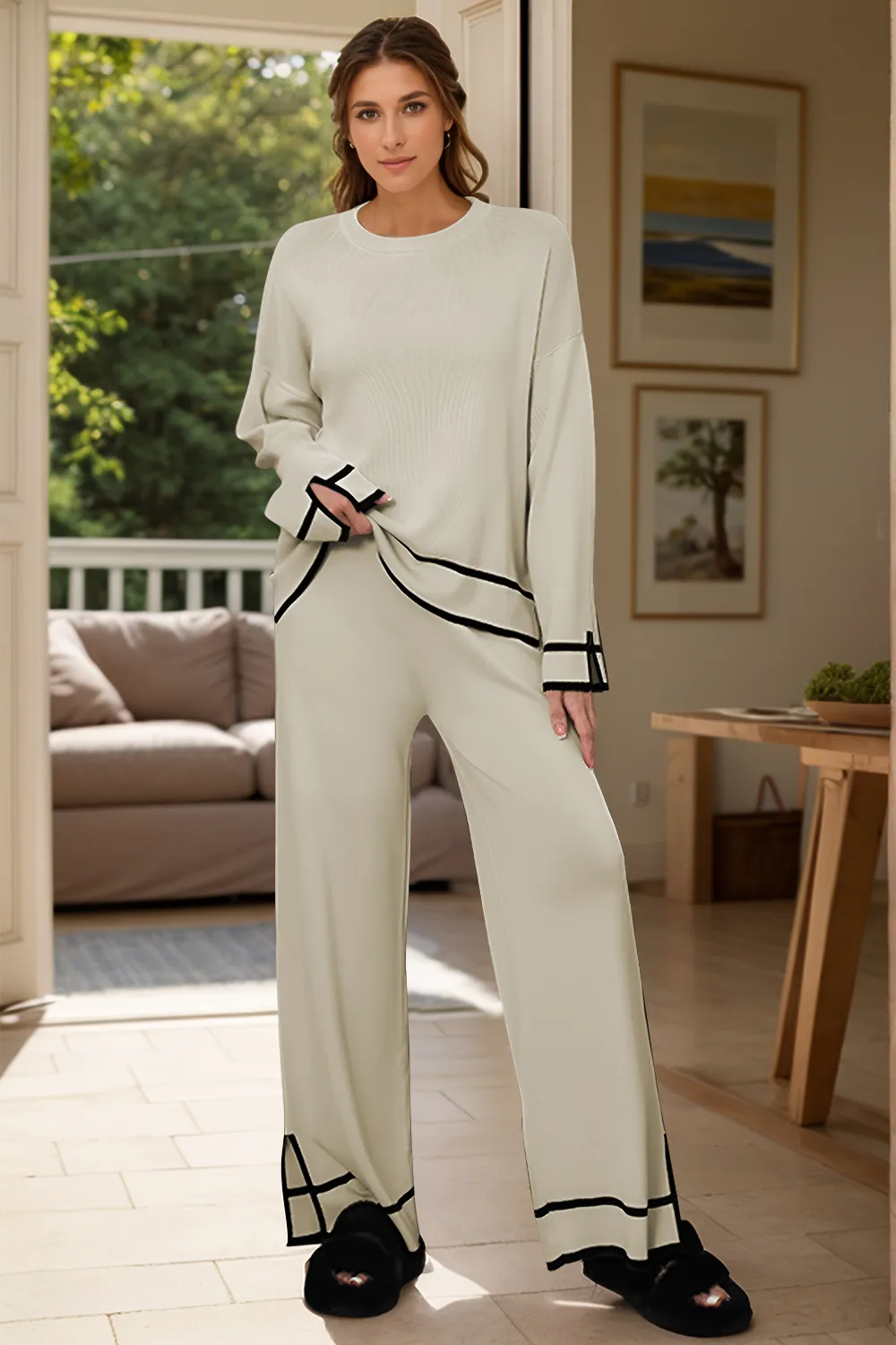 High-Low Round Neck Top and Pants Sweater Set, image 2
