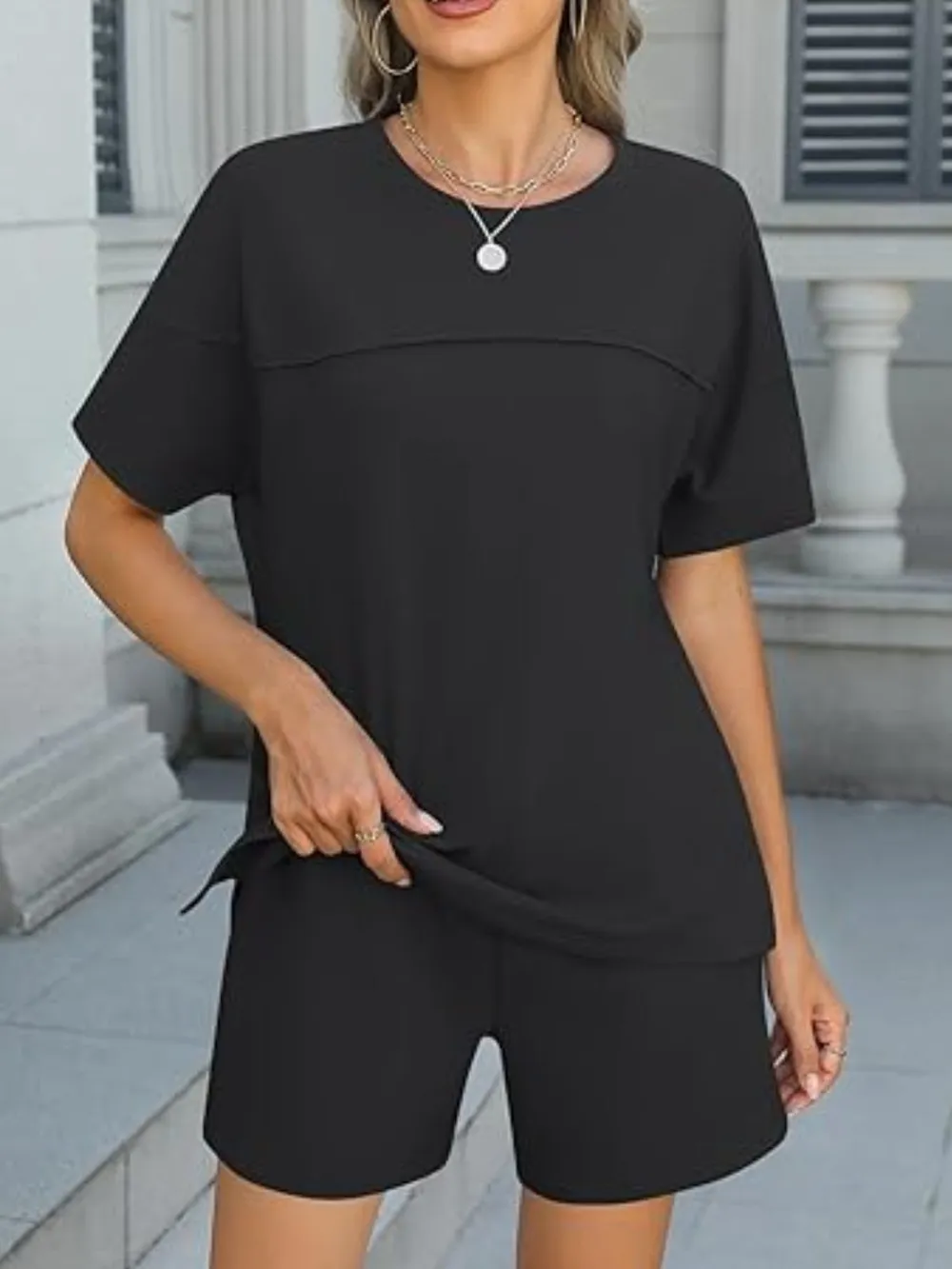 Round Neck Short Sleeve Top and Shorts Set, image 2