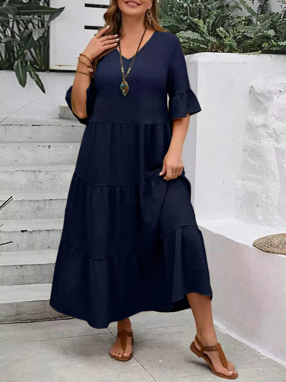 Plus Size Ruffle Sleeves Tiered Midi Dress, image 16