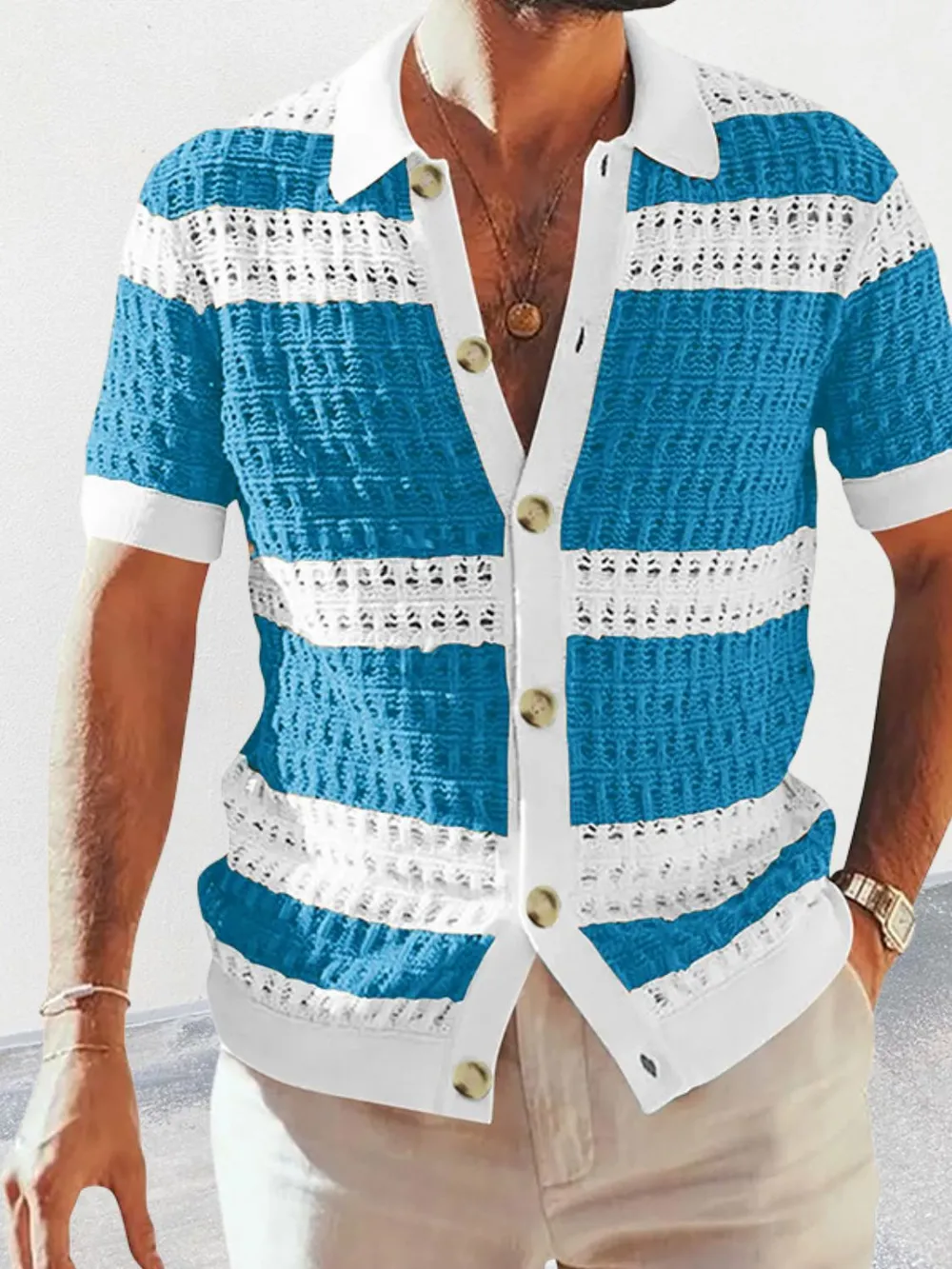 Men's Button Down Collared Neck Contrast Openwork Shirt, image 3