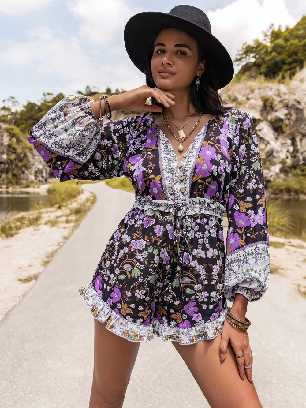 Printed Frill Half Button Balloon Sleeve Romper, image 3