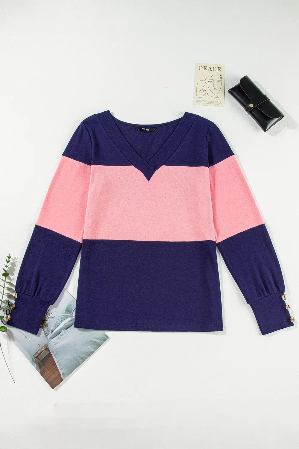 Color Block V-Neck Long Sleeve Top, image 9