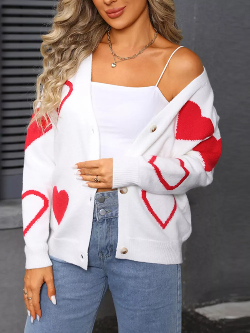 Valentine's Day Heart Pattern Button-Up Knit Cardigan, image 7