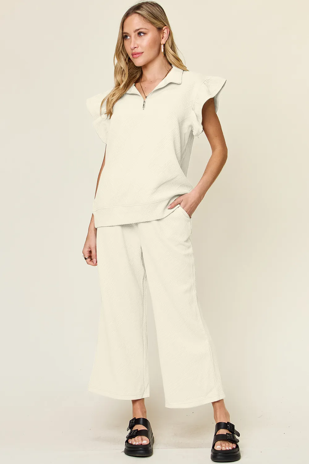 Texture Ruffle Short Sleeve Top and Drawstring Wide Leg Pants Set, image 6