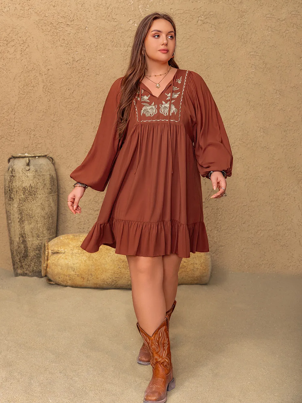 Plus Size Embroidered Tie Neck Balloon Sleeve Mini Dress, image 2