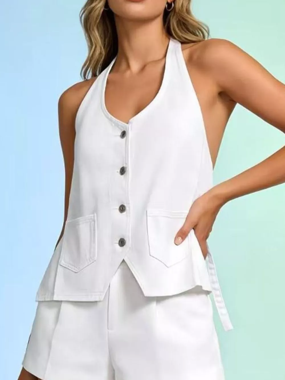 Halter Neck Button-Down Denim Vest, image 5