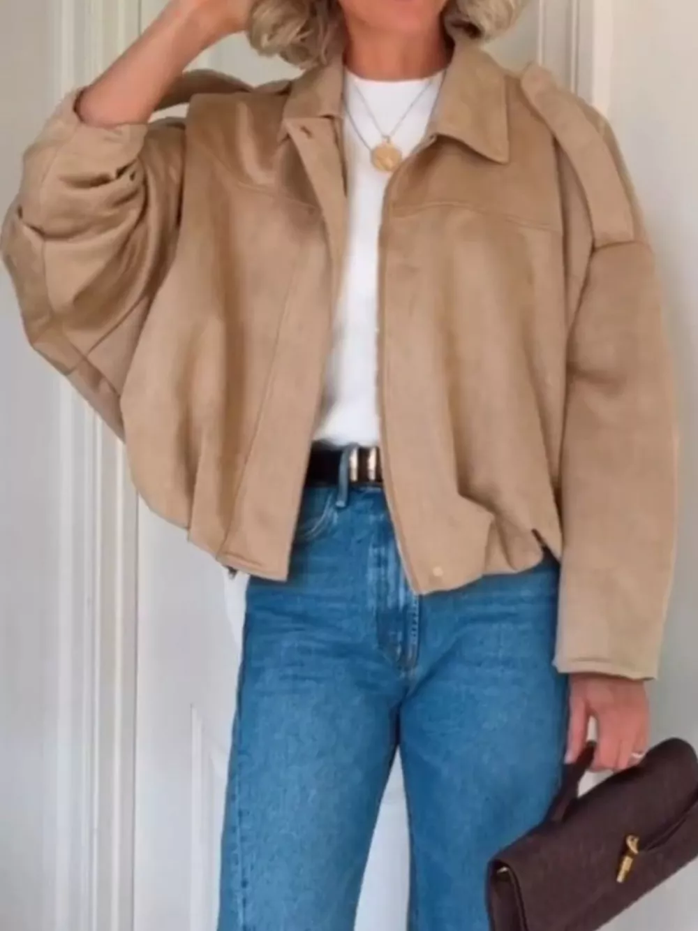 Zip Up Dropped Shoulder Suede Jacket, image 3
