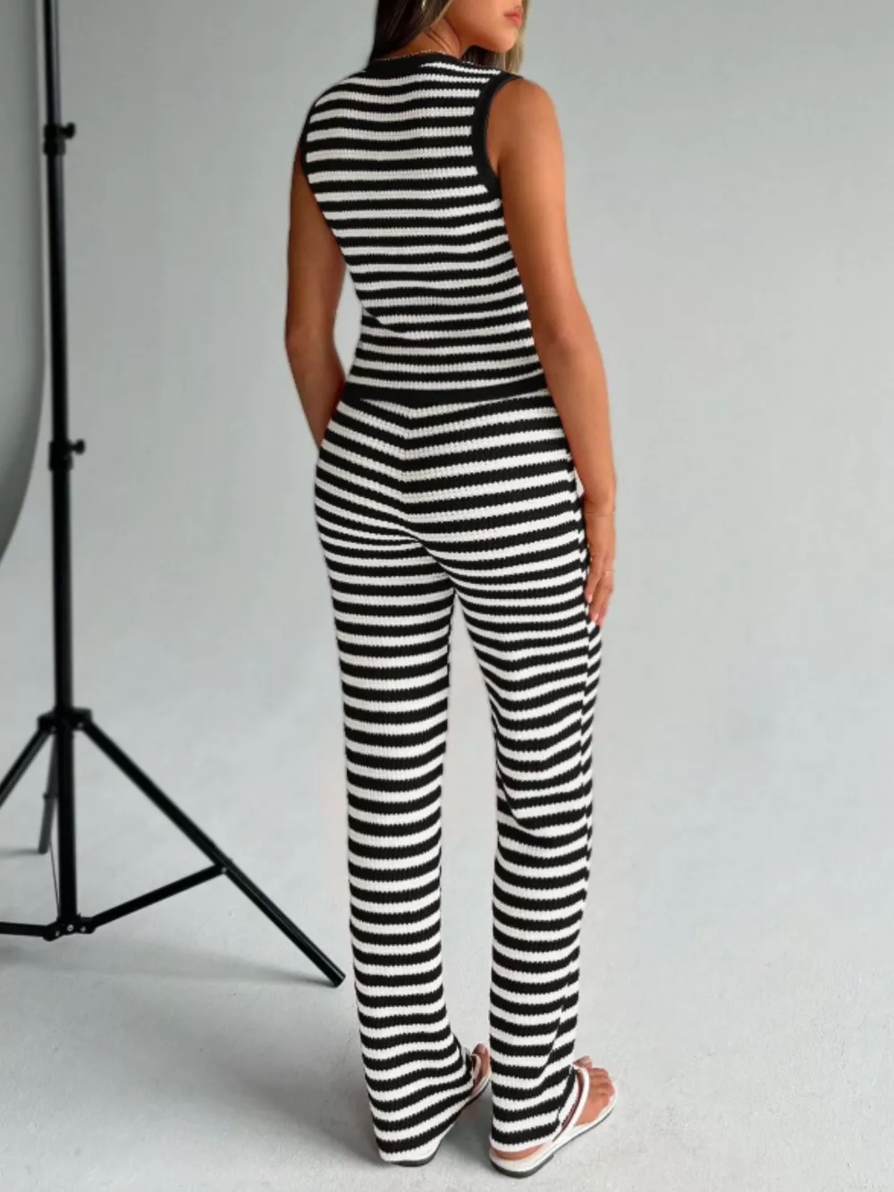 Striped Knit V-Neck Button-Up Sleeveless Top and Flare Pants Set, image 17