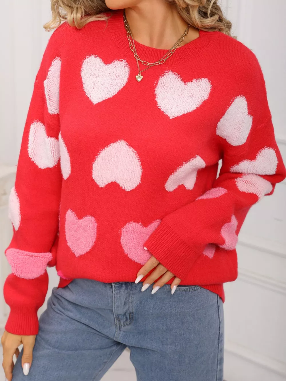 Valentine's Day Heart Pattern Fuzzy Knit Sweater, image 12