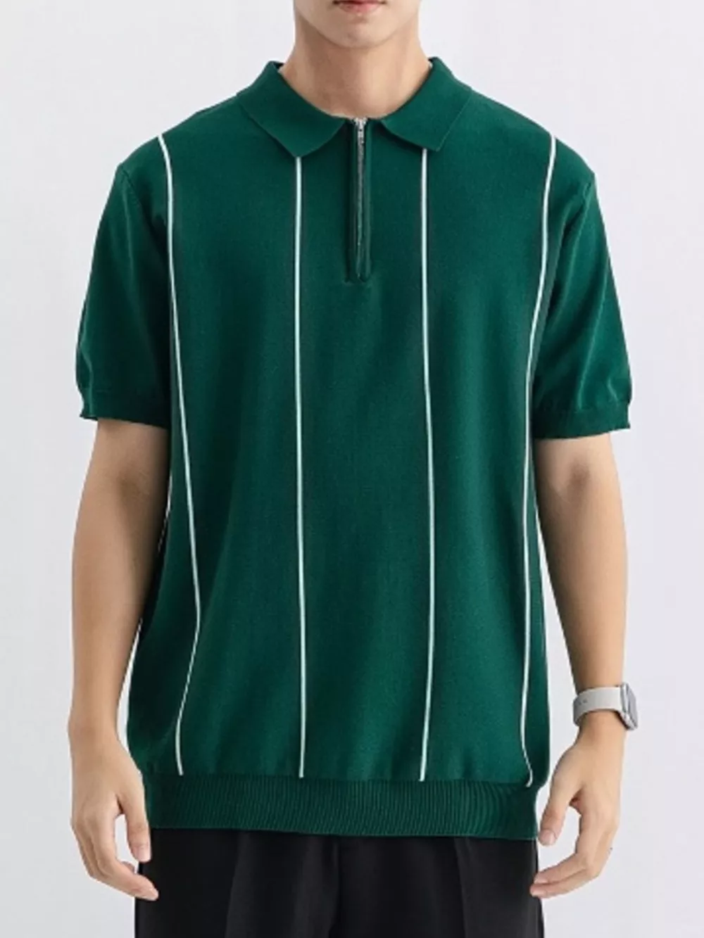 Men's Plus Size Striped Zip-Up Knit Polo, image 7