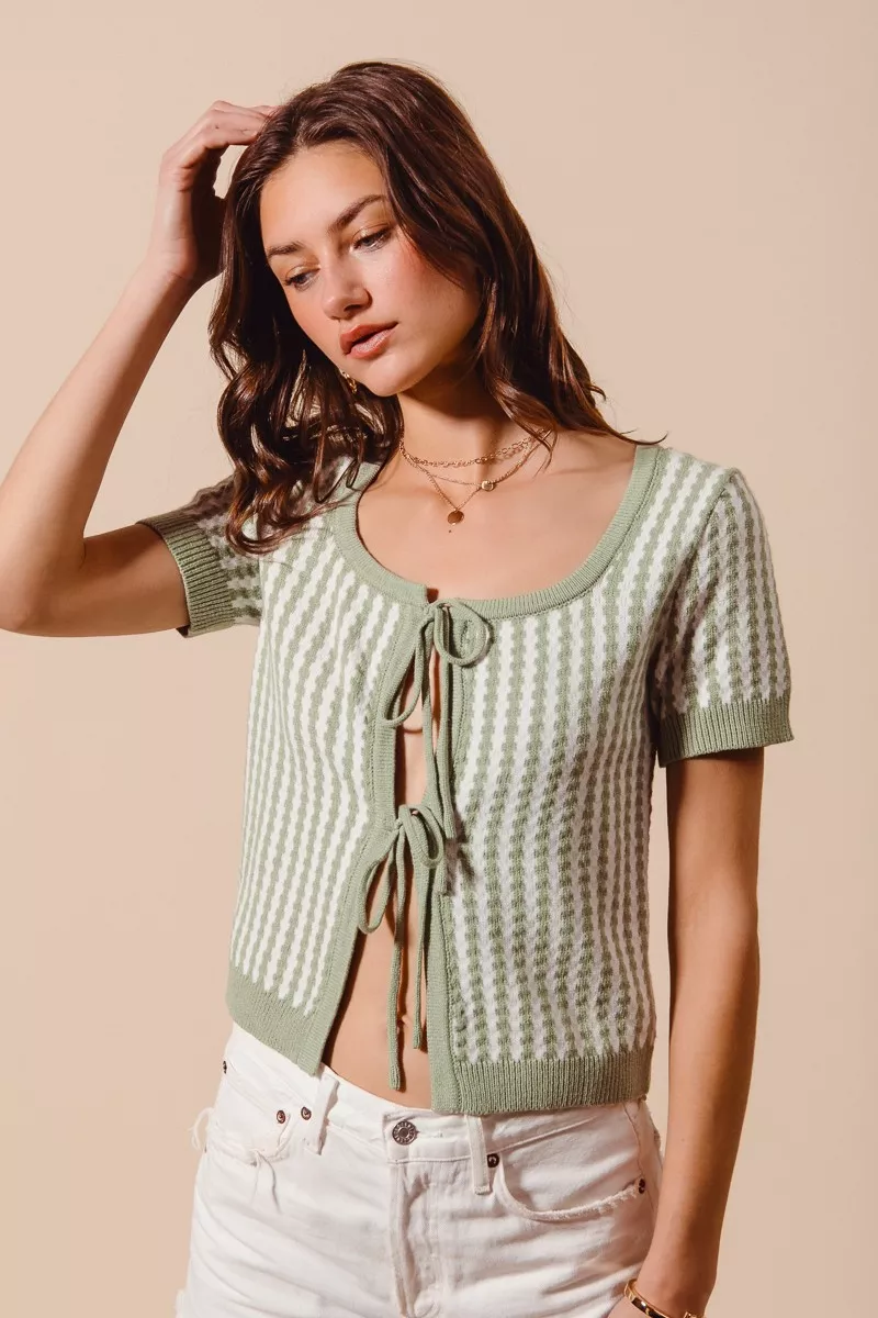 Tie Front Textured Vertical Stripe Knit Cardigan, image 7