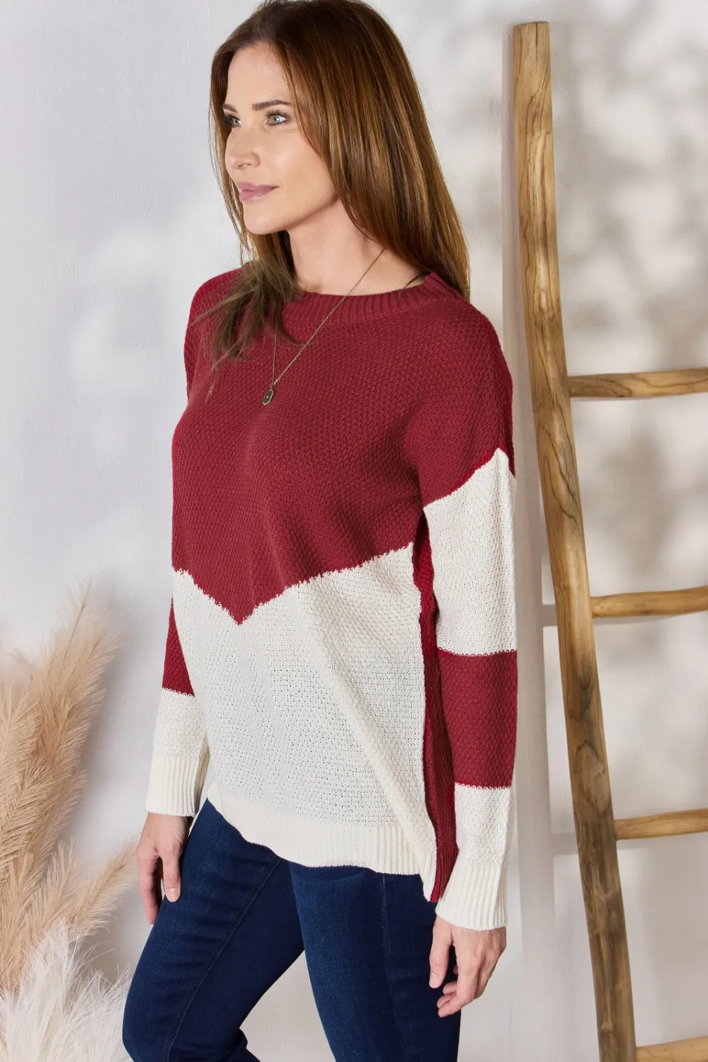 Full Size Color Block Dropped Shoulder Knit Top, image 2