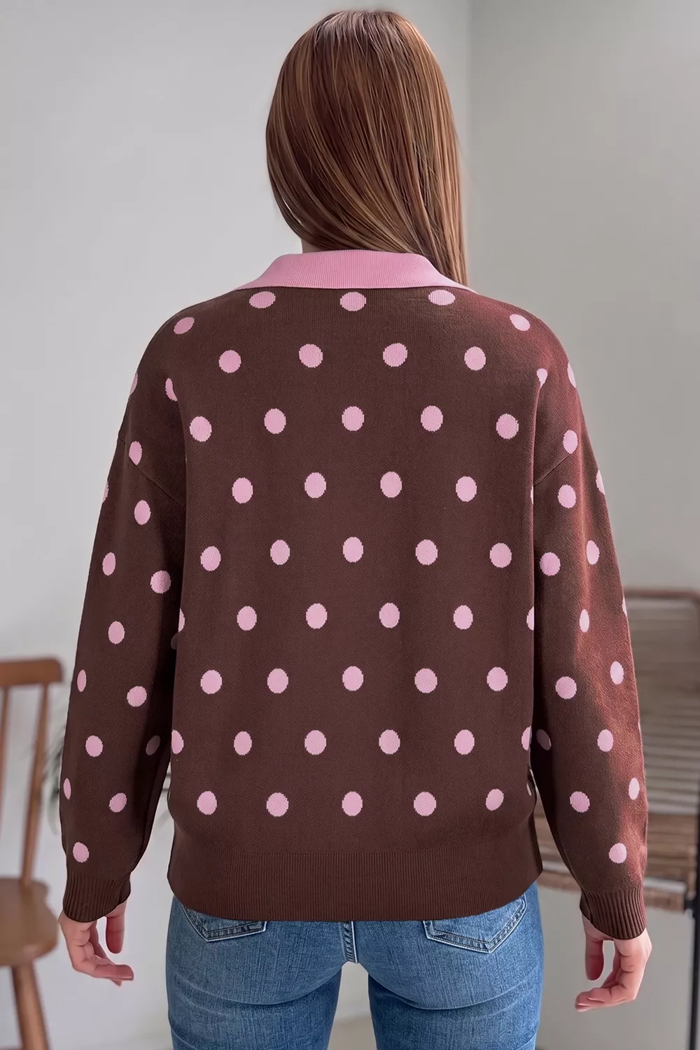 Polka Dot Pattern Color Block Collared Loose Pullover Sweater, image 2