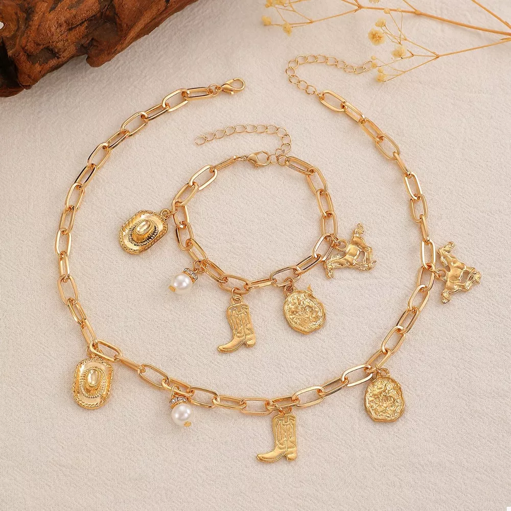 18K Gold-Plated Charm Necklace and Bracelet Jewelry Set, image 2