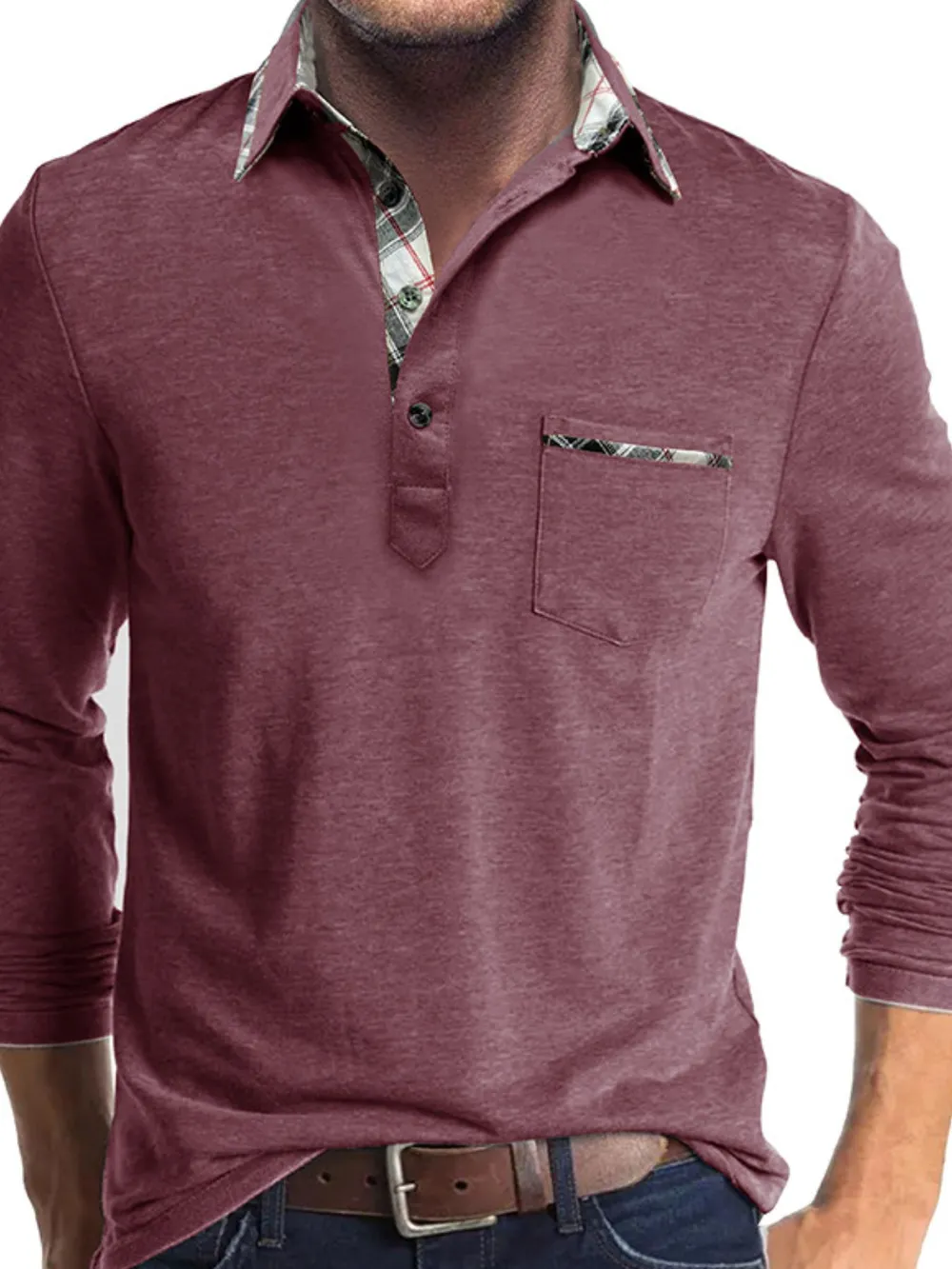 Men's Full Size Plaid Collar Neck Long Sleeve Polo Shirt Plus Size, image 8