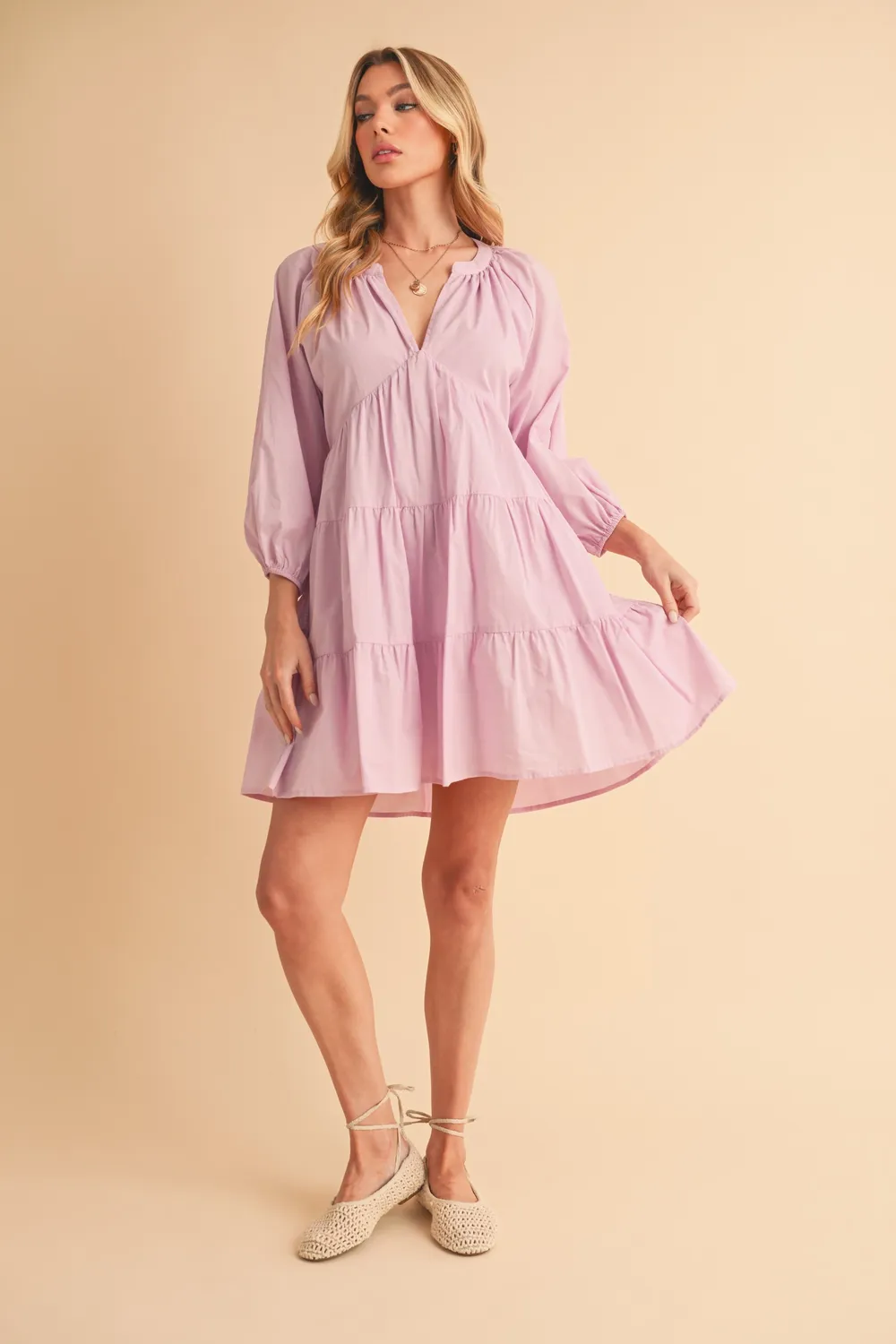 Notched Balloon Sleeve Tiered Mini Dress, image 10