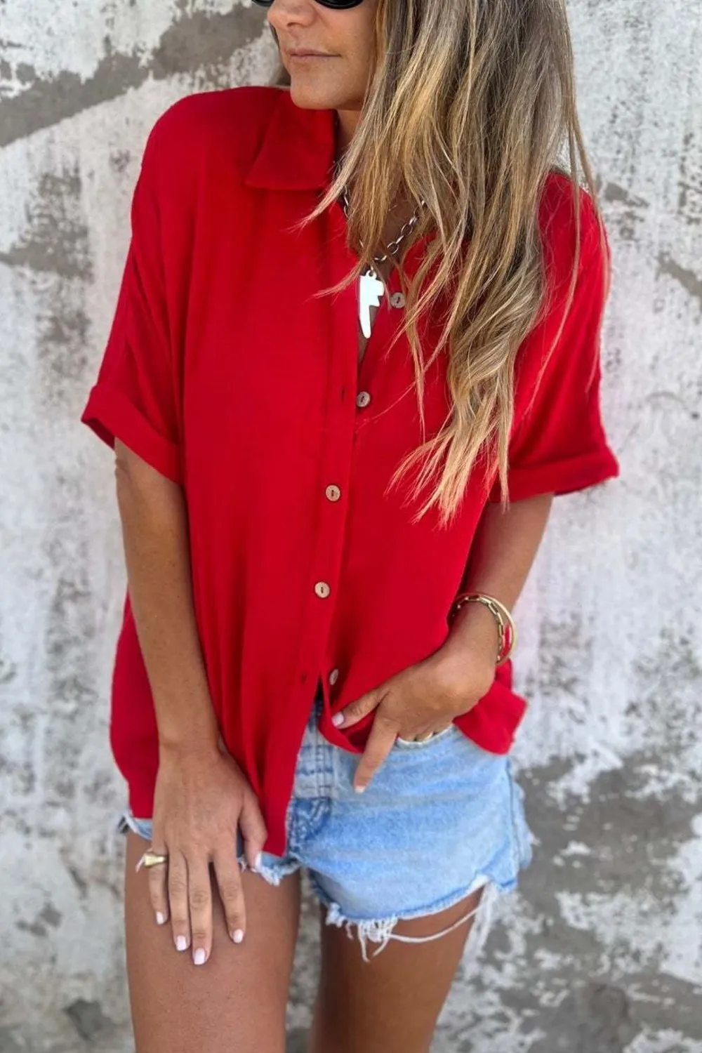 Full Size Casual Button Down Short Sleeve Loose Shirt Plus Size, image 3