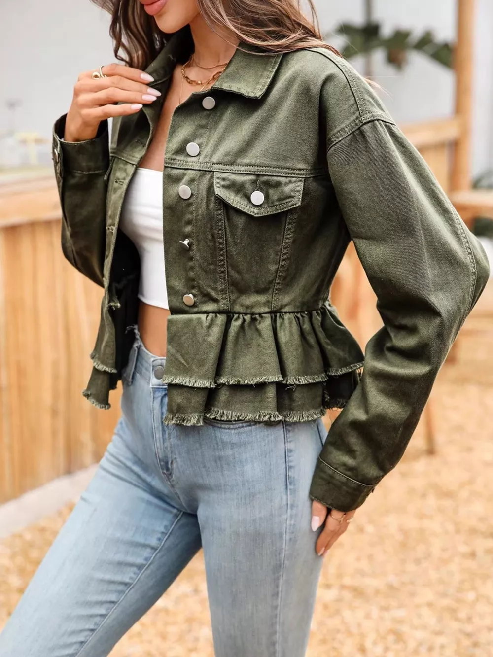 Ruffle Raw Hem Denim Jacket, image 4