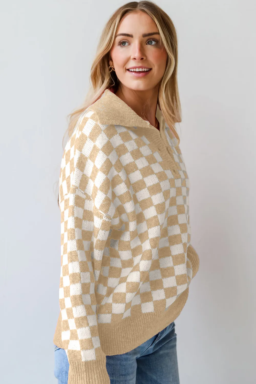 Checkered Collared Neck Long Sleeve Sweater, image 9