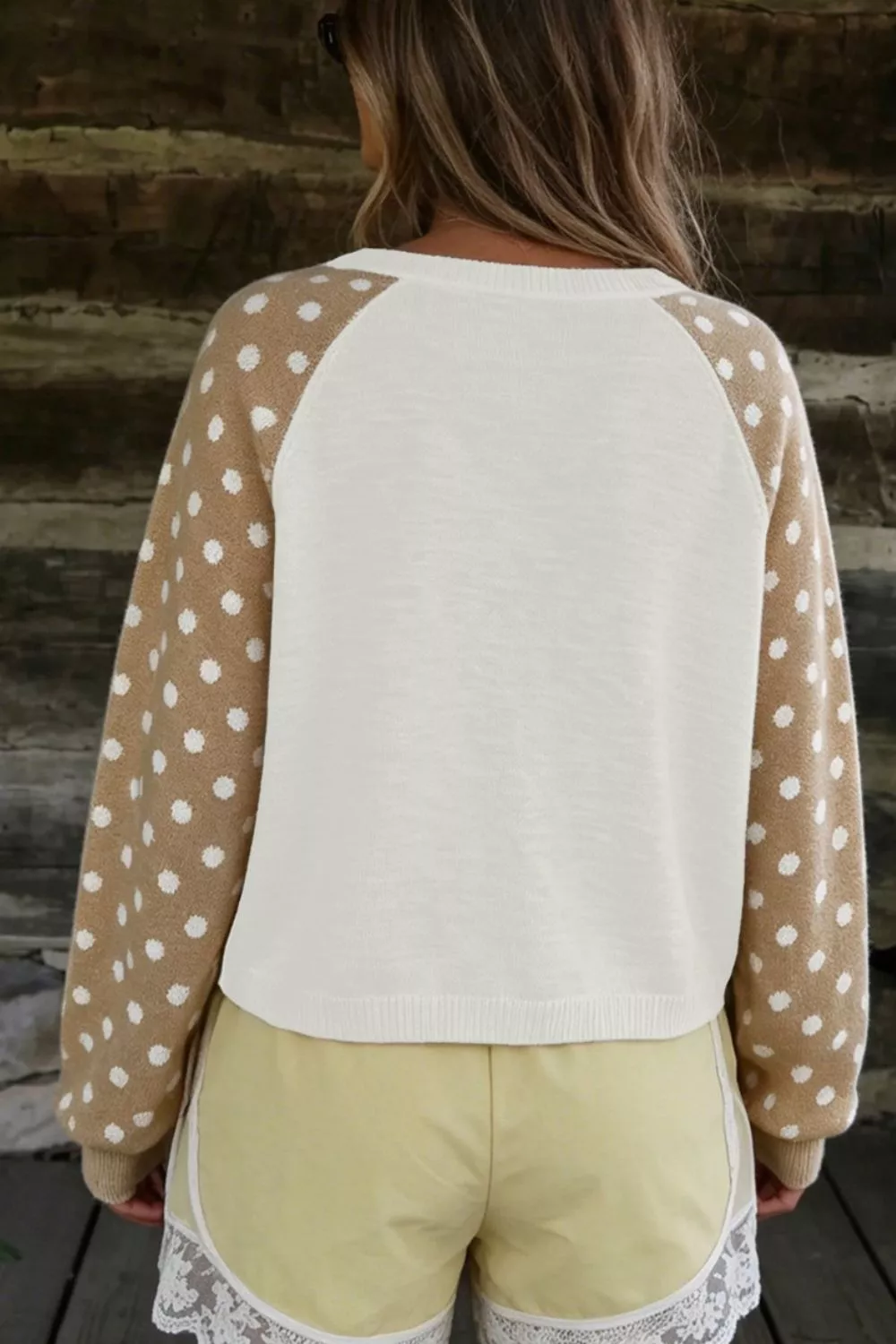 Polka Dot Contrast Long Sleeve Button V Neck Sweater, image 3