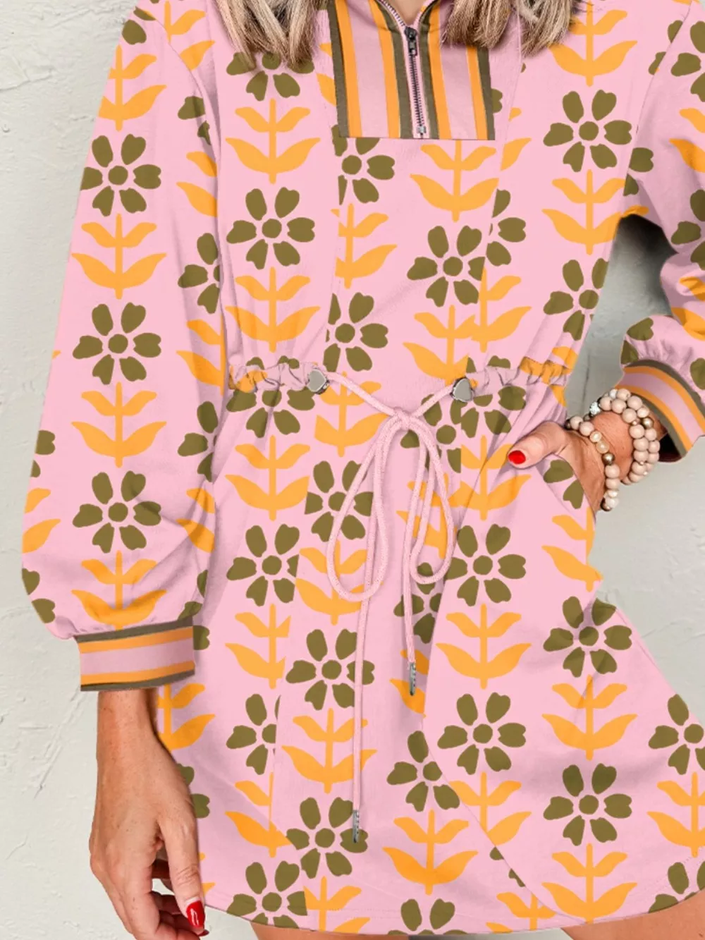 Printed Drawstring Waist Mini Dress, image 2