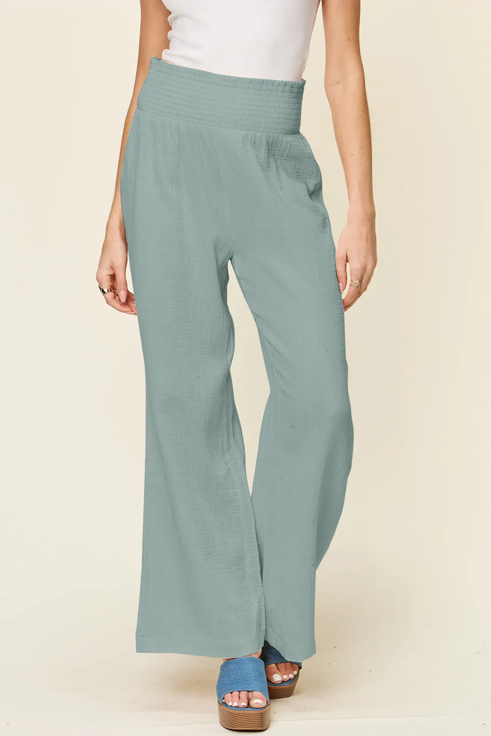 Full Size Texture Smocked Waist Wide Leg Pants, image 10