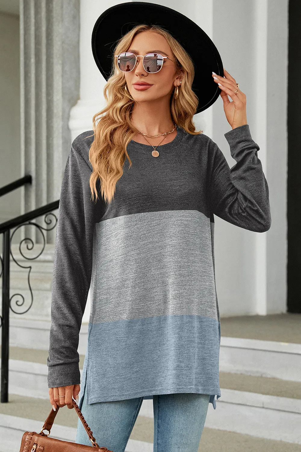 Color Block Round Neck Long Sleeve T-Shirt, image 14
