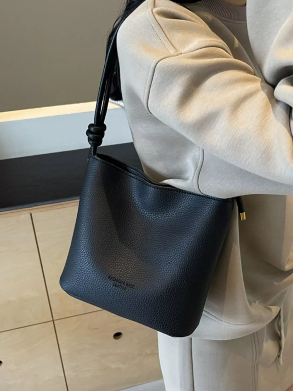 Leather Bucket Crossbody Bag, image 3