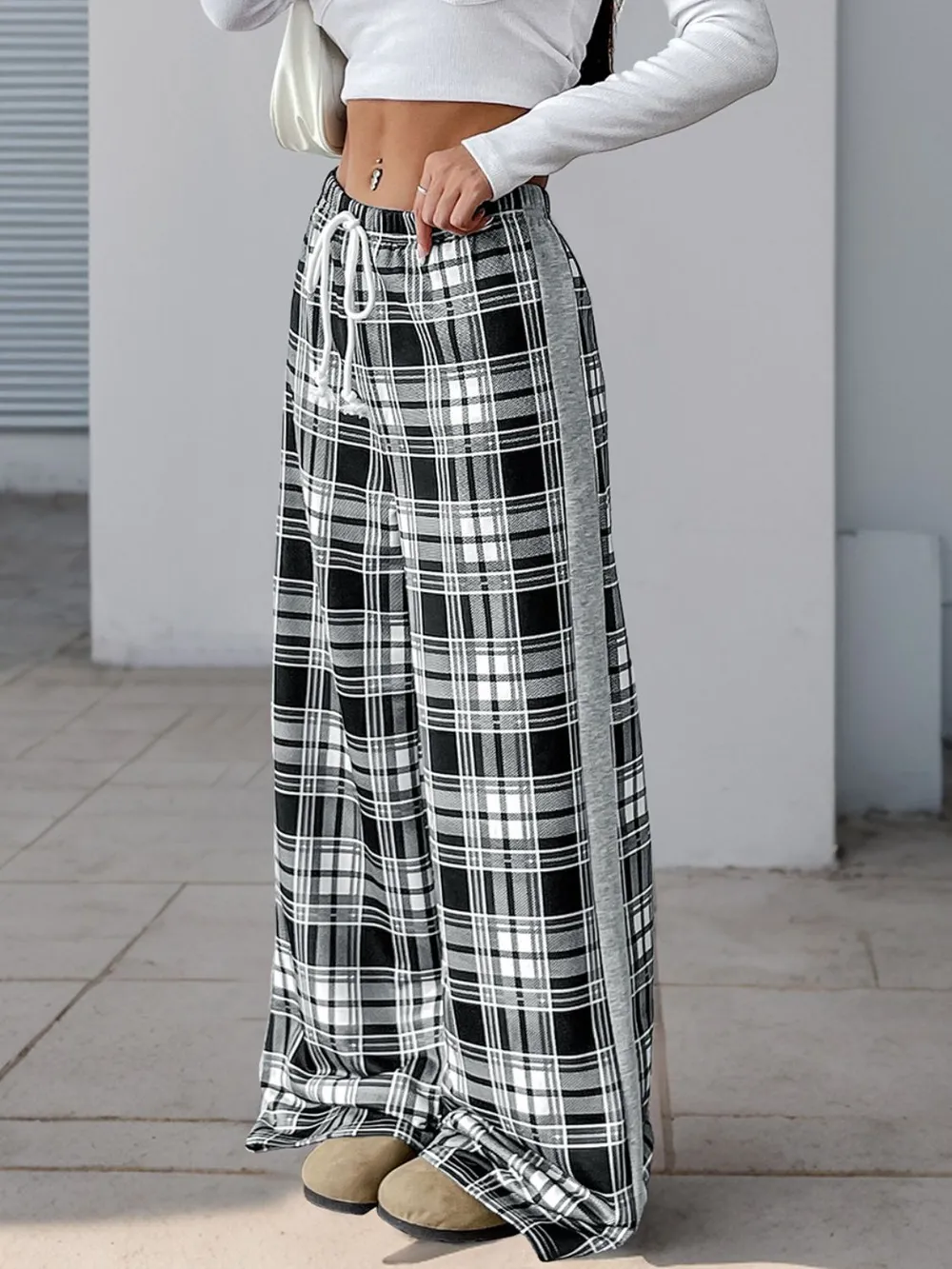 Drawstring Plaid Wide Leg Pants, image 3