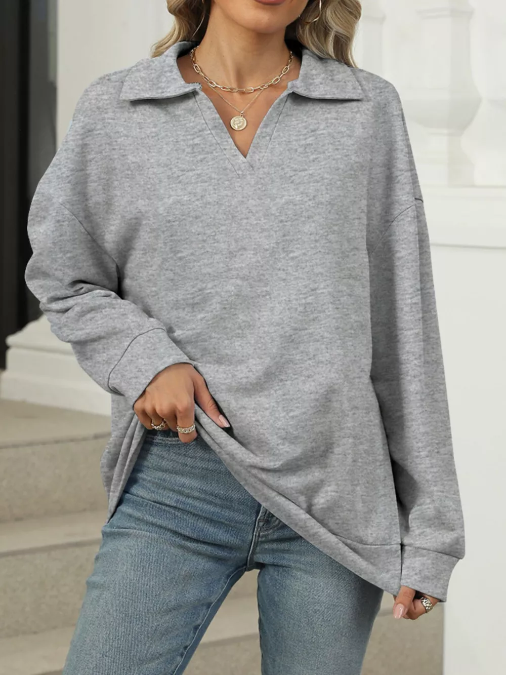 Johnny Collar Drop Shoulder Long Sleeve Sweatshirt, image 6