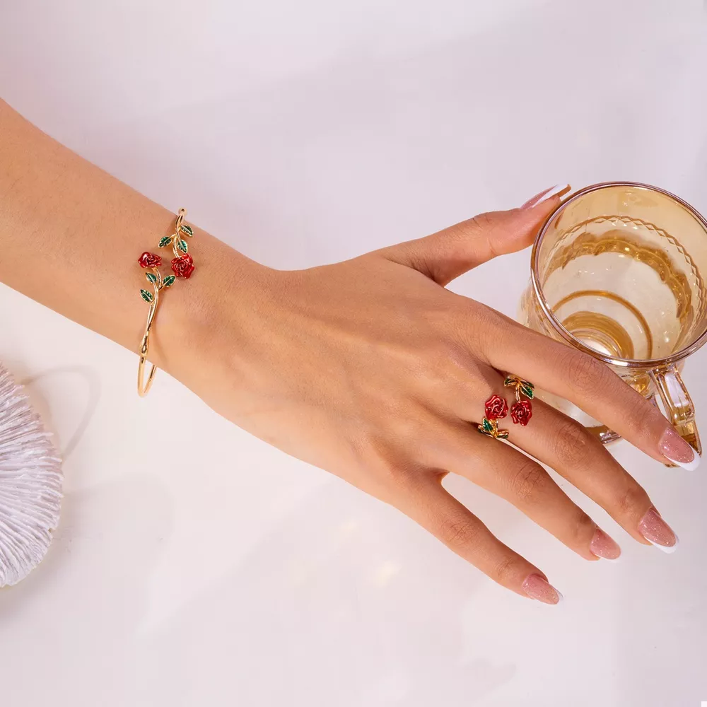 Rose Bypass Ring and Bracelet Jewelry Set, image 2