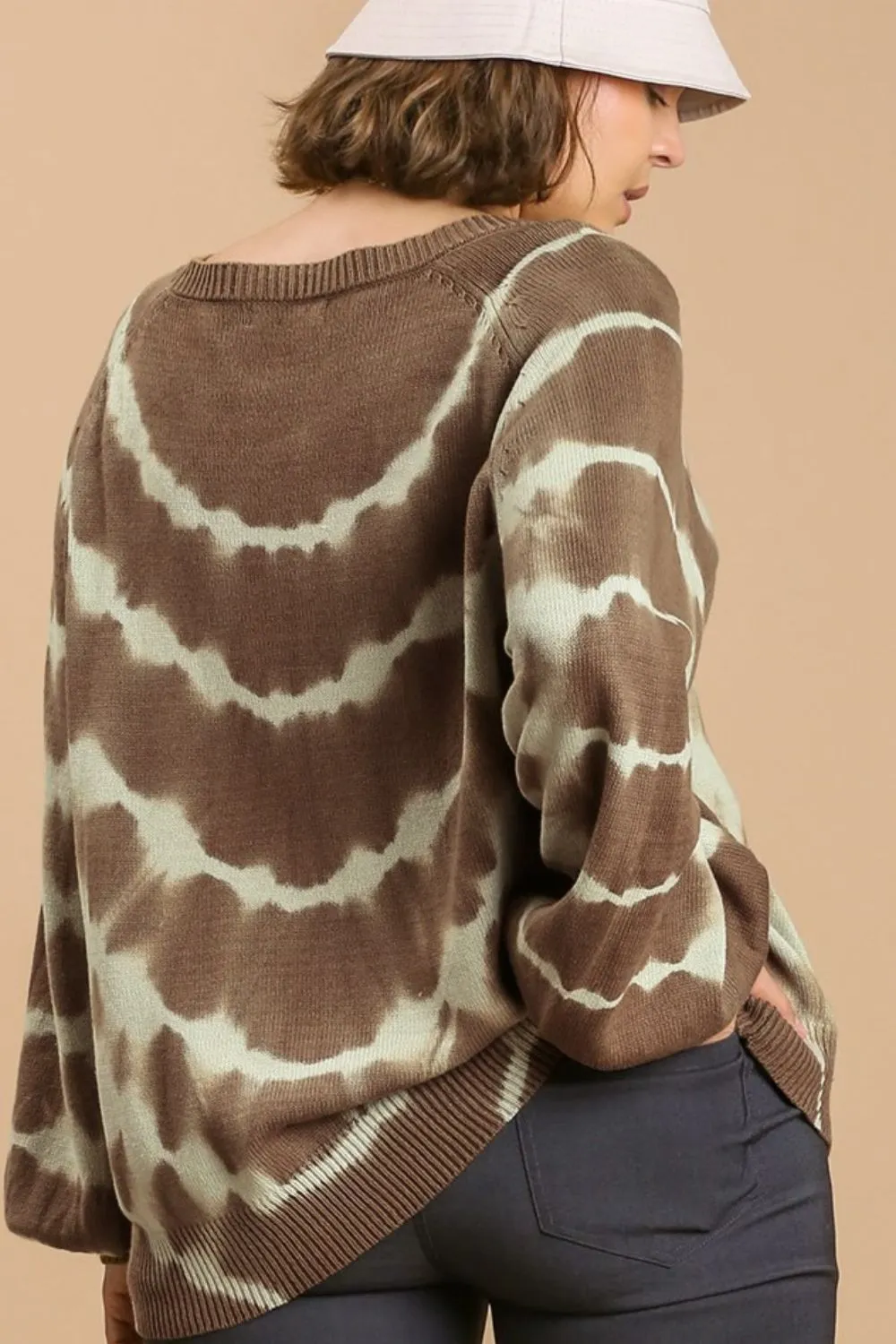 Full Size Ribbed Hem Tie Dye Round Neck Sweater Plus Size, image 2