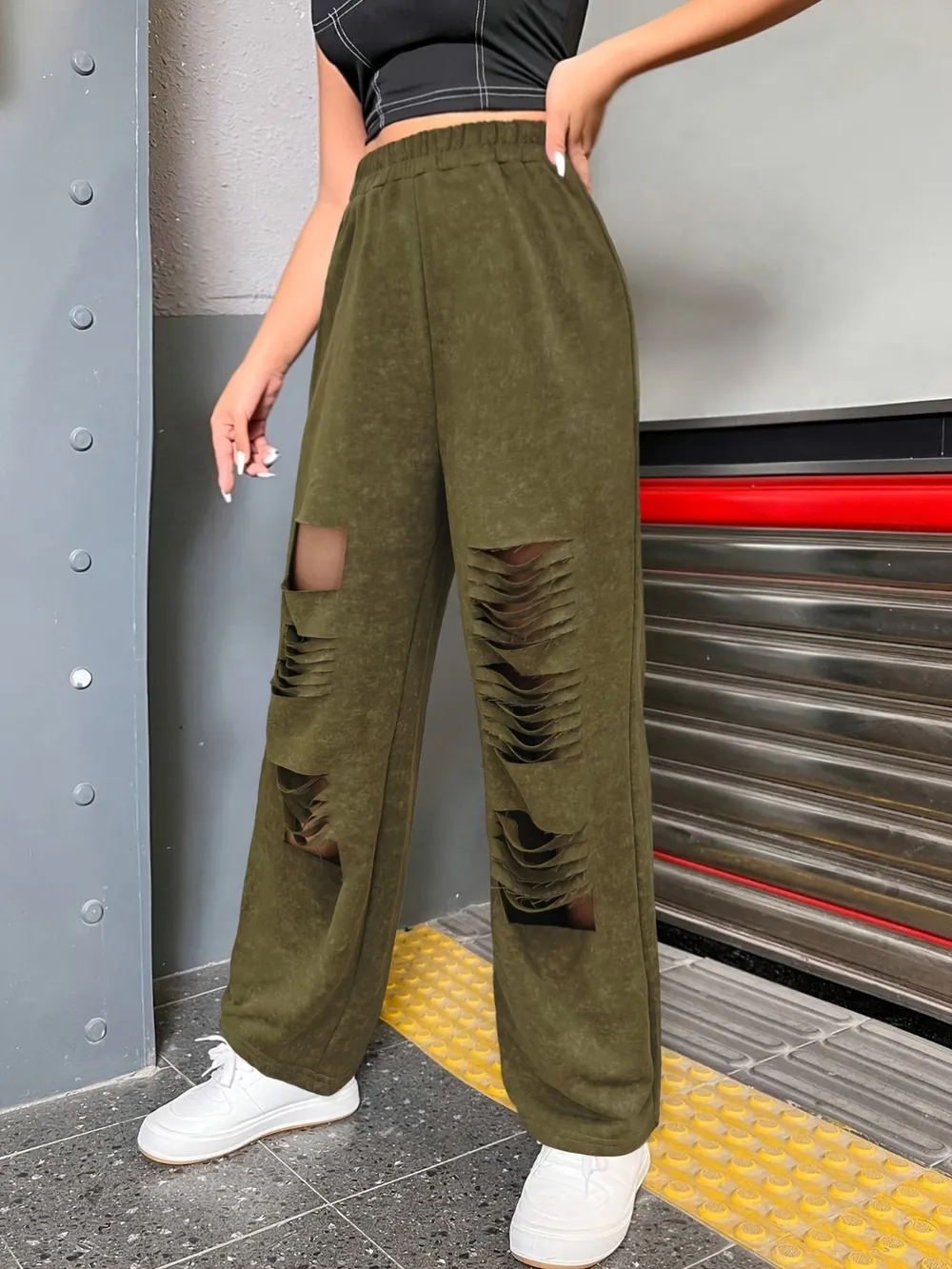 Distressed Elastic Waist Straight Leg Pants, image 3