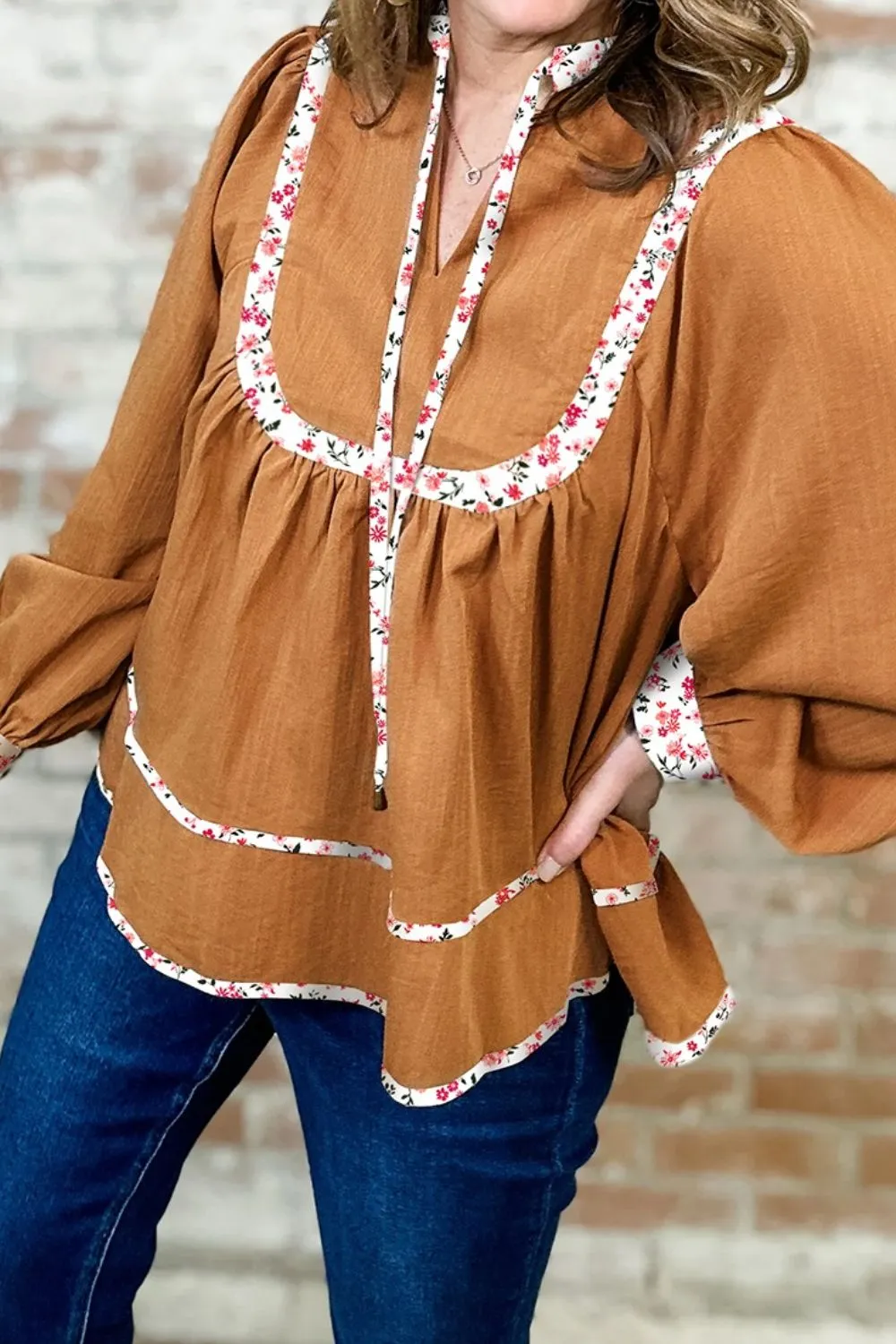Floral Trim Long Sleeve Blouse, image 2