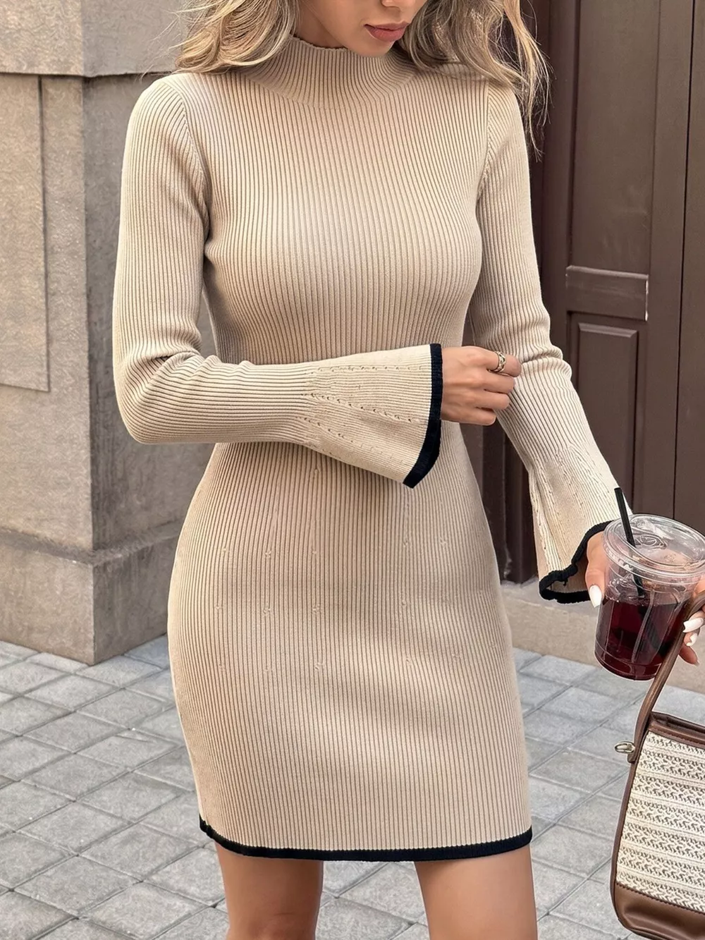 Ribbed Mock Neck Flare Sleeve Sweater Dress, image 5