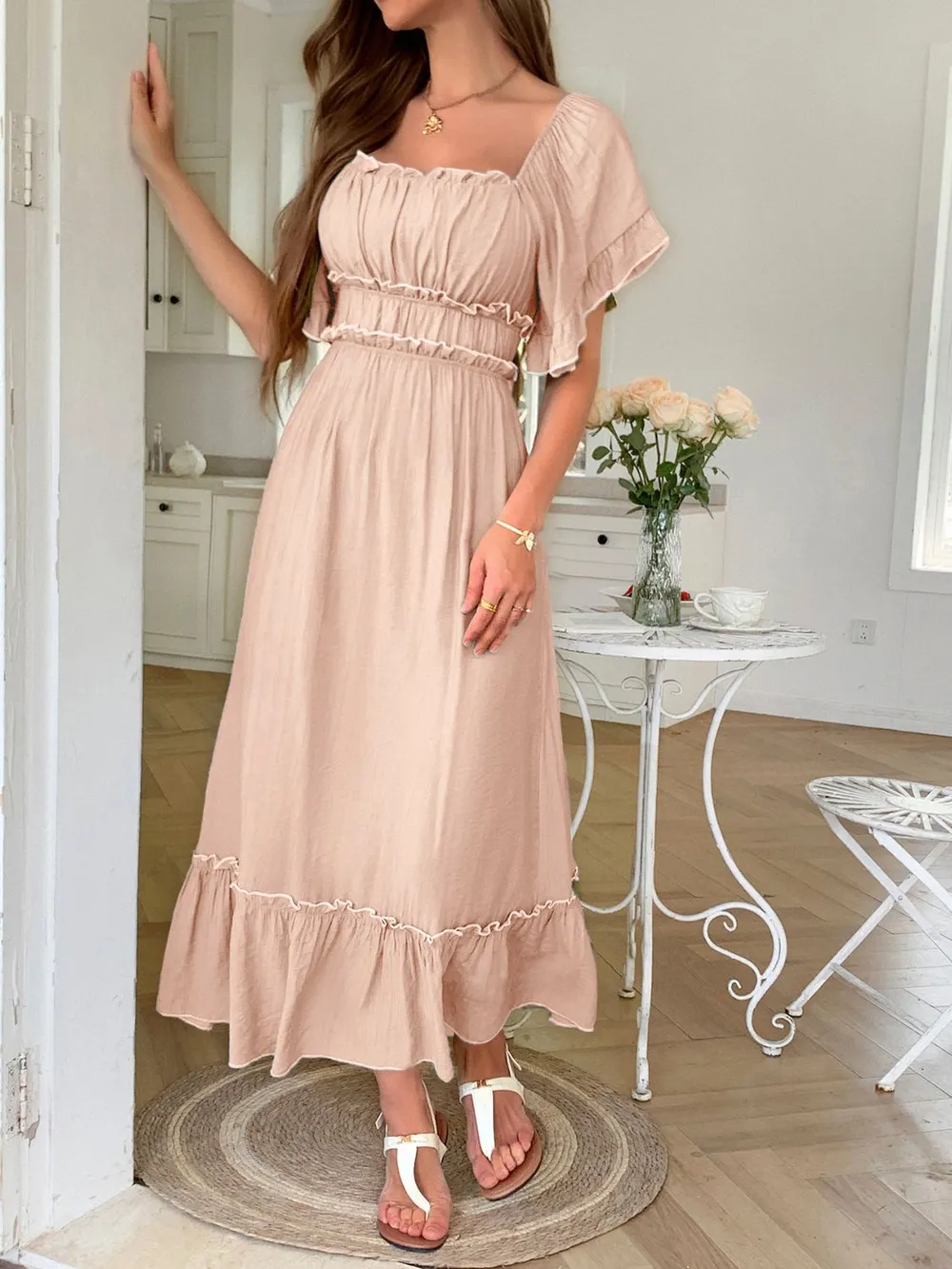 Square Neck Puff Sleeve Ruffle Trim Maxi Dress, image 5