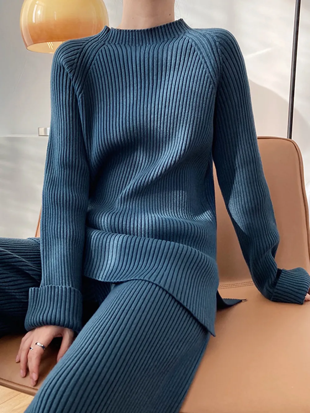 Mock Neck Raglan Sleeve Top and Pants Sweater Set, image 12