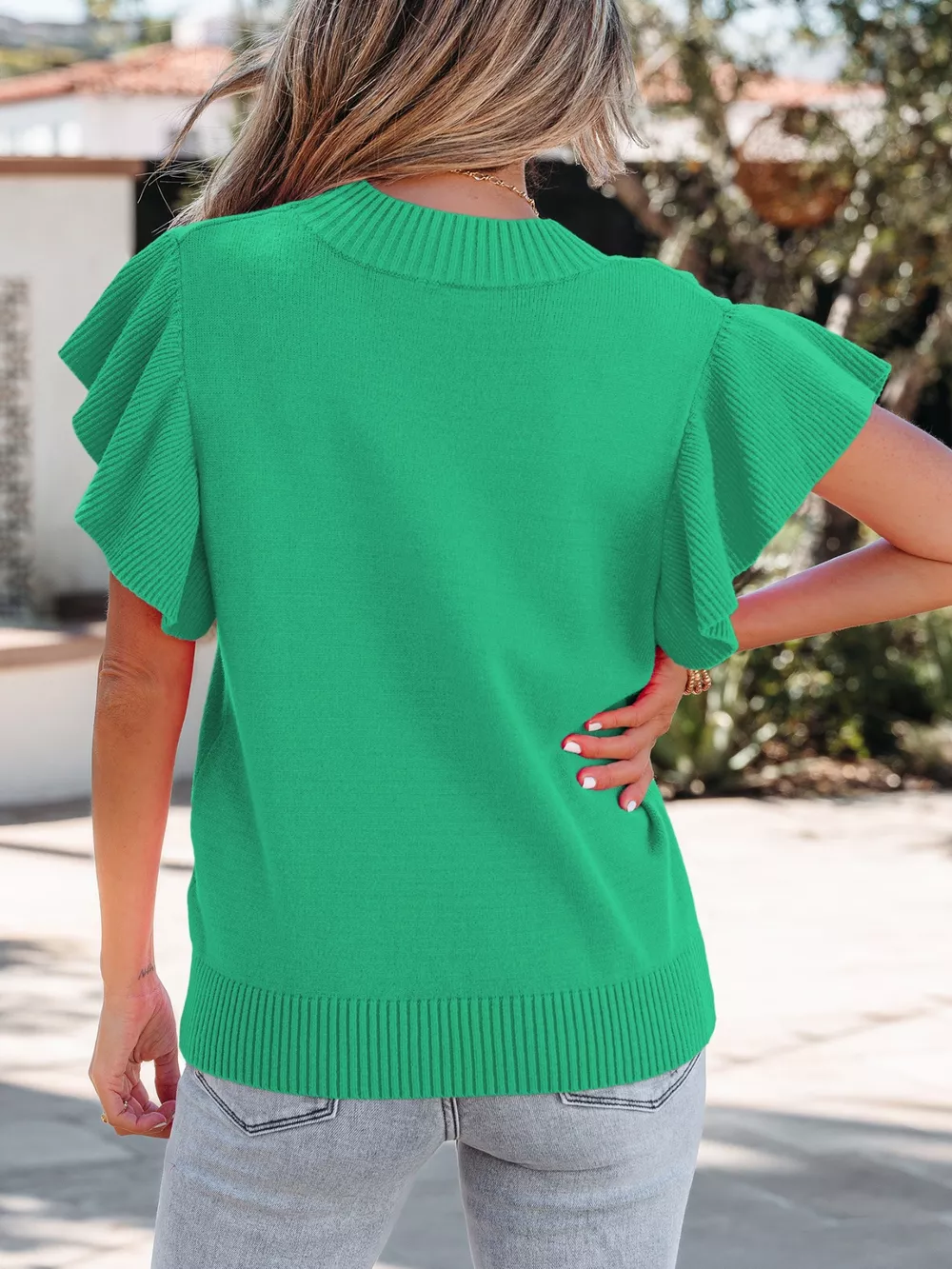 Solid Color Ribbed Trim Round Neck Ruffle Short Sleeve Sweater, image 11