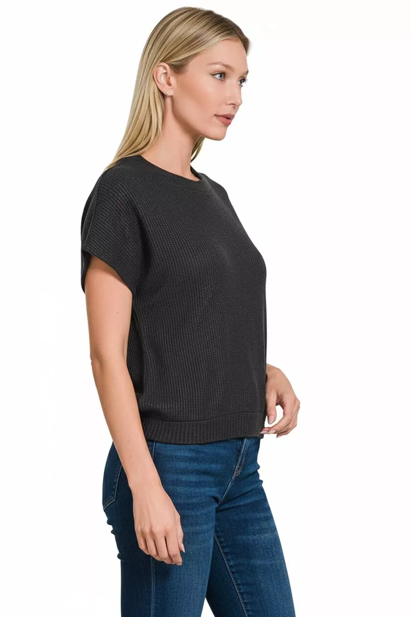 Round Neck Banded Botton Short Sleeve Sweater, image 2