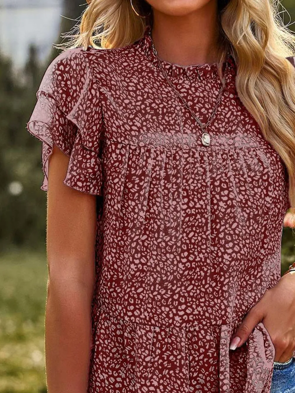 Printed Ruffle Sleeve Babydoll Blouse, image 4