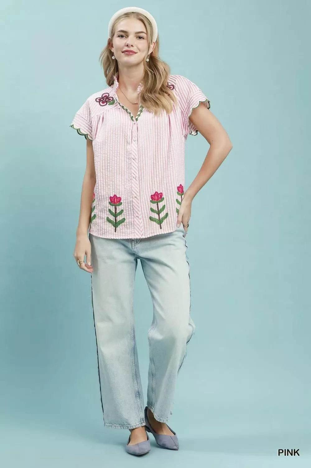 Embroidered Stripe Button Front Top, image 4